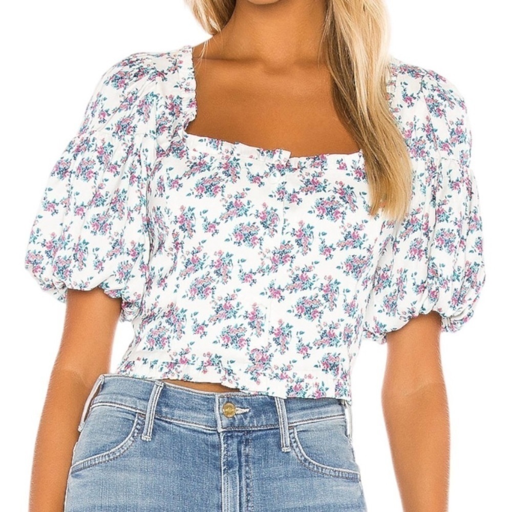 For Love and Lemons ditsy floral cropped puff sleeve top XS NWT